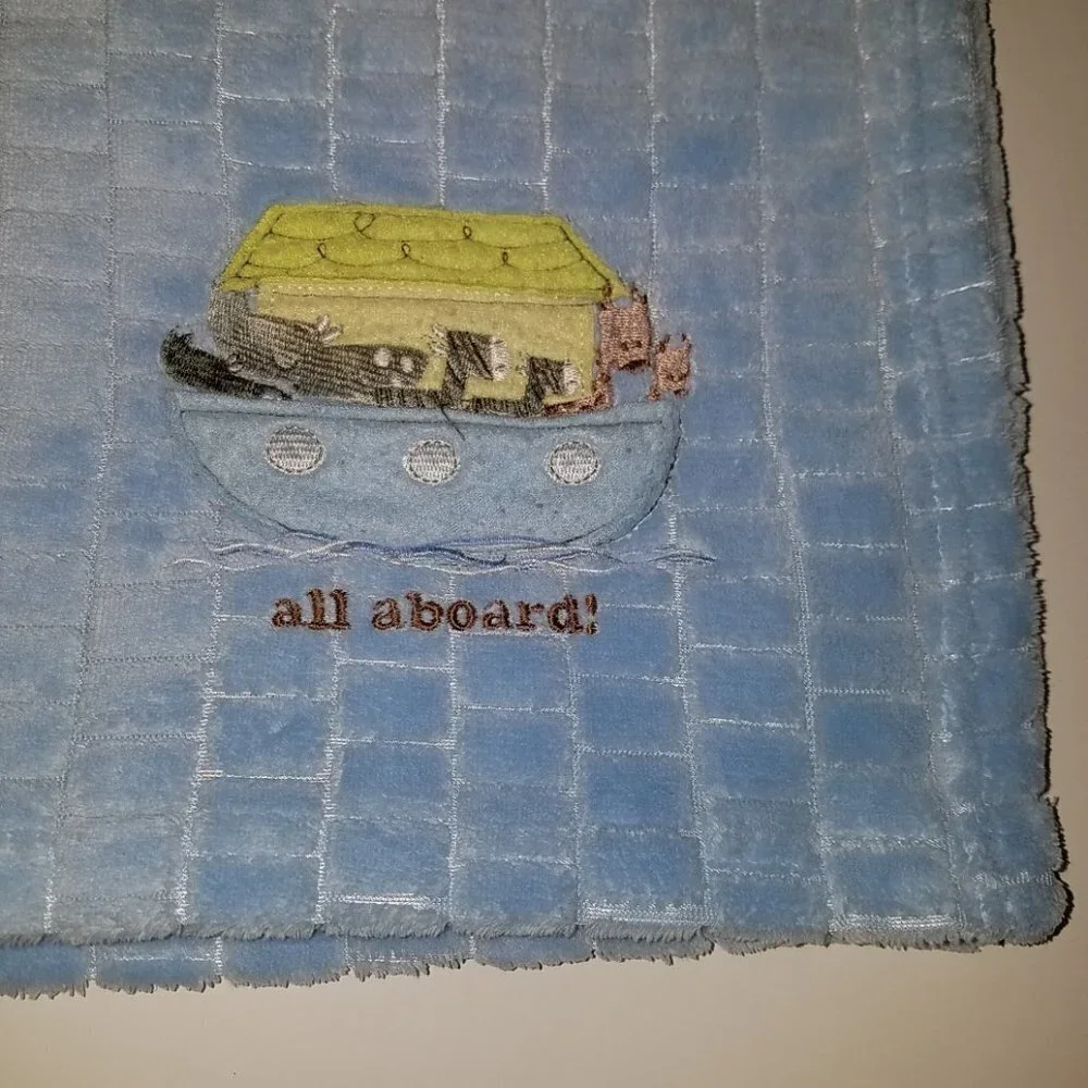 All Aboard Noah's Ark Blue Fleece Baby Blanket Lovey Giraffes Zebras Rhinos Soft